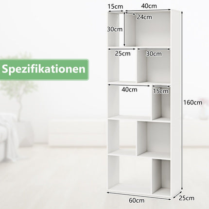 5 Tier Bookcase with 10 Compartments Freestanding Room Divider Wooden Shelf Open Shelf
