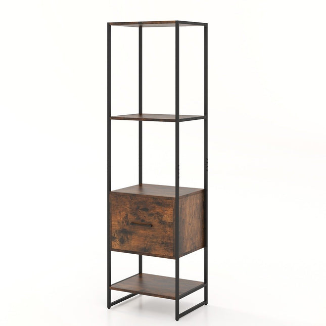 5 Tier Bookcase with Drawer &amp; Metal frame bookcase modern standing shelf brown