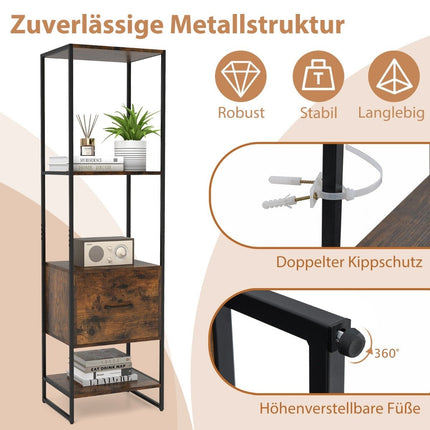5 Tier Bookcase with Drawer &amp; Metal frame bookcase modern standing shelf brown