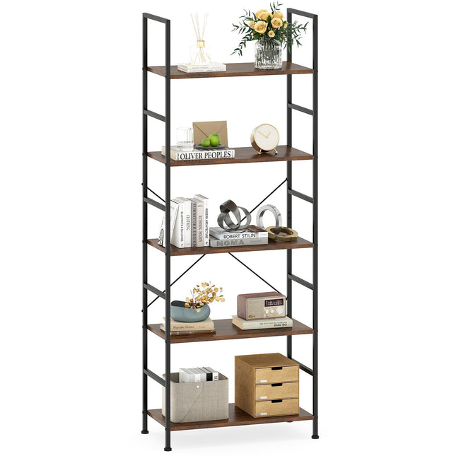 5-Tier Bookshelf, 160 cm, Rustic Brown, Metal Frame