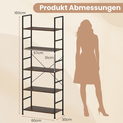 5-Tier Bookshelf, 160 cm, Rustic Brown, Metal Frame