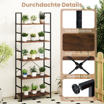 5-Tier Bookshelf, 160 cm, Rustic Brown, Metal Frame