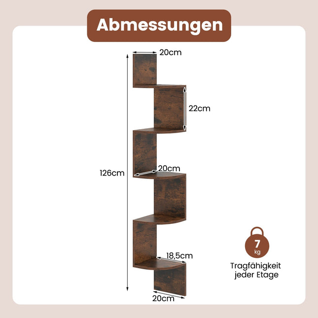 5-Tier Corner Wall Shelf, Floating Design, Rustic Brown