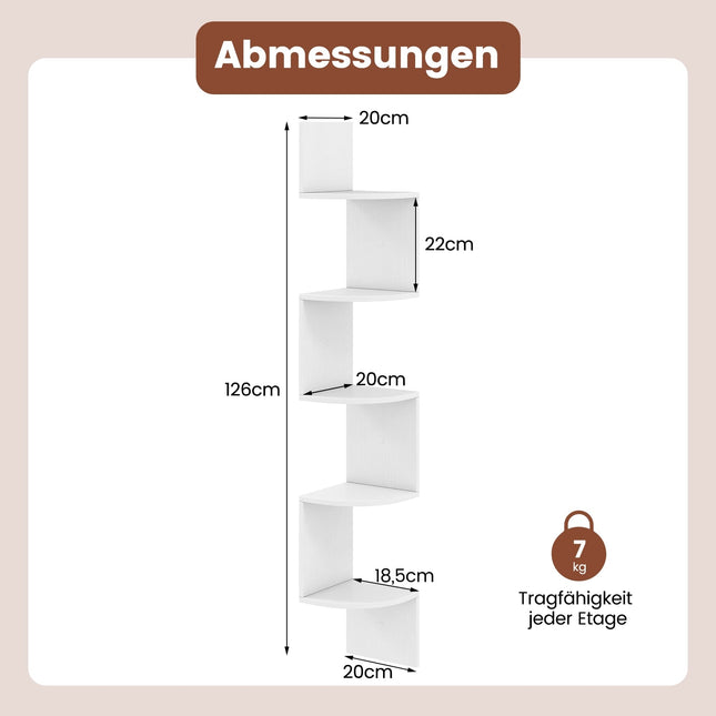 5-Tier Corner Wall Shelf, Floating White Bookshelf