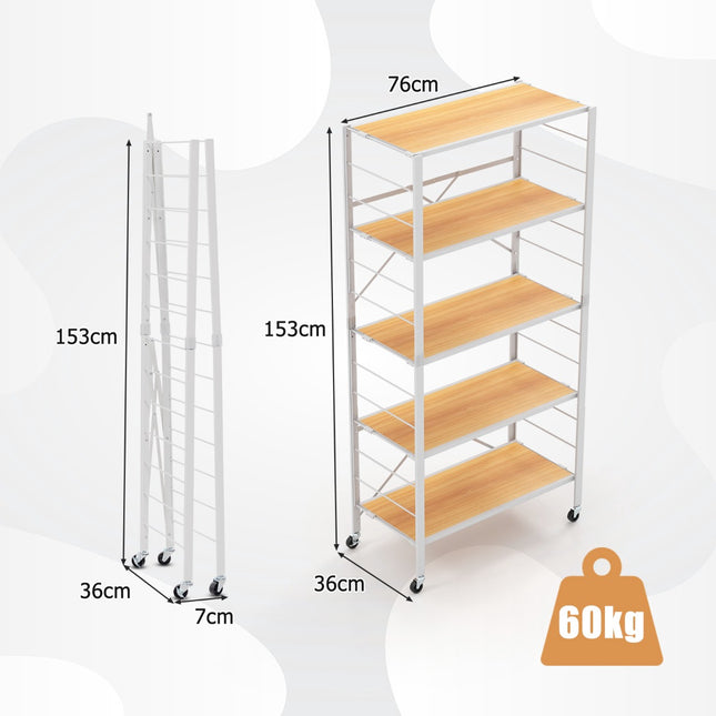5-Tier Foldable Metal Shelving Unit With Wheels, Adjustable