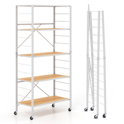 5-Tier Foldable Metal Shelving Unit With Wheels, Adjustable