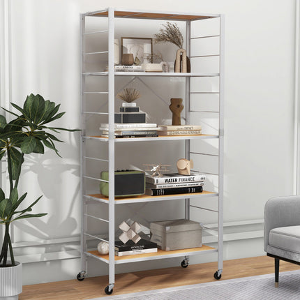 5-Tier Foldable Metal Shelving Unit With Wheels, Adjustable