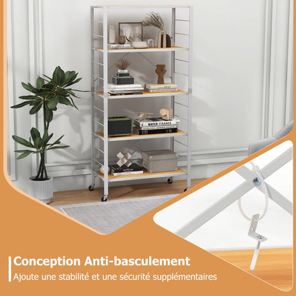 5-Tier Foldable Metal Shelving Unit With Wheels, Adjustable