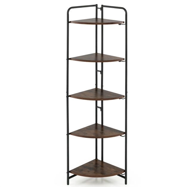 5-Tier Folding Corner Shelf, Metal Frame, Rustic Brown