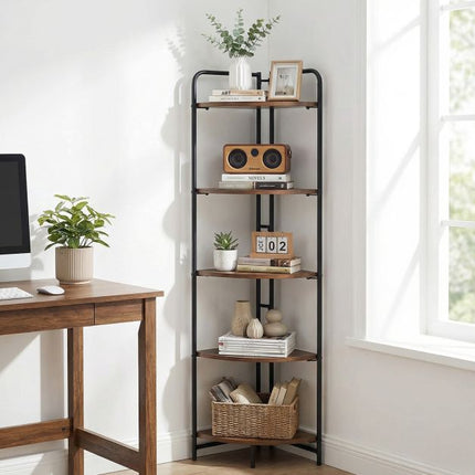 5-Tier Folding Corner Shelf, Metal Frame, Rustic Brown