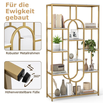 5-Tier Geometric Bookshelf, White & Gold, Metal Frame