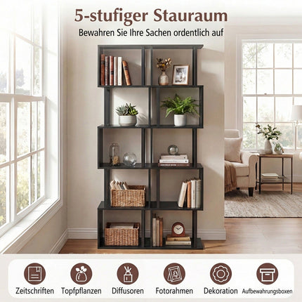 5-Tier Geometric Bookshelf with Anti-Tip, Black