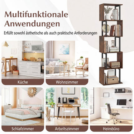 5-Tier Geometric Bookshelf with Anti-Tip, Rustic Brown