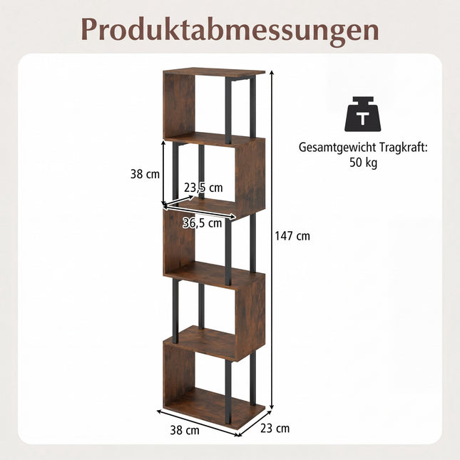 5-Tier Geometric Bookshelf with Anti-Tip, Rustic Brown