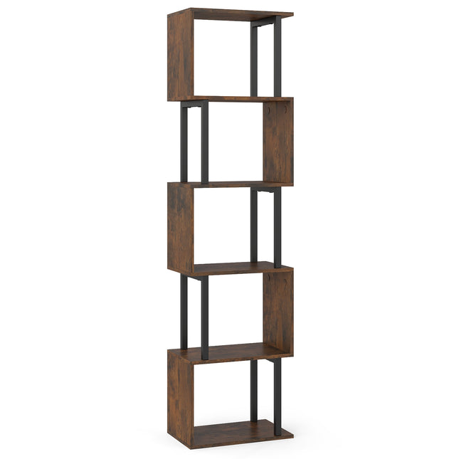 5-Tier Geometric Bookshelf with Anti-Tip, Rustic Brown