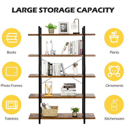 5-Tier Industrial Bookcase, Metal Frame, Anti-Tip