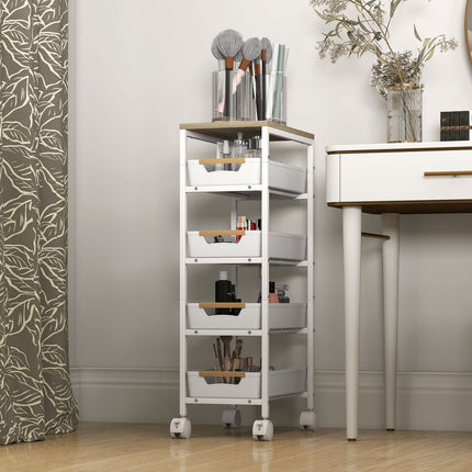5-Tier Kitchen Cart, Wood Look, Metal Frame, 4 Drawers
