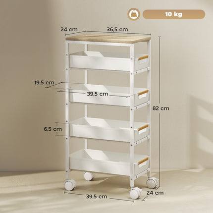 5-Tier Kitchen Cart, Wood Look, Metal Frame, 4 Drawers