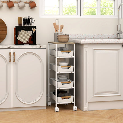 5-Tier Kitchen Cart, Wood Look, Metal Frame, 4 Drawers