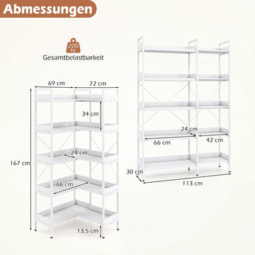 5-Tier L-Shaped Corner Bookshelf, Wood, White, 72x69x167 cm
