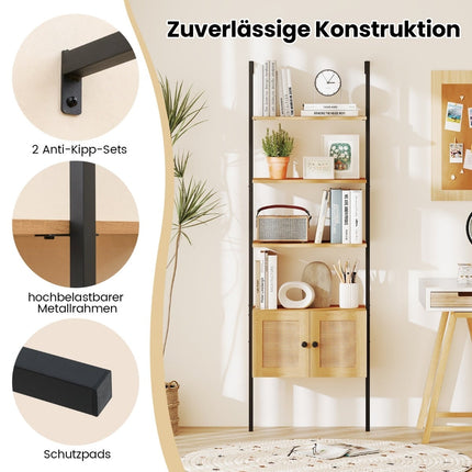 5-Tier Ladder Bookshelf with Cabinet, Metal Frame, 184cm