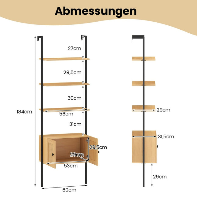 5-Tier Ladder Bookshelf with Cabinet, Metal Frame, 184cm