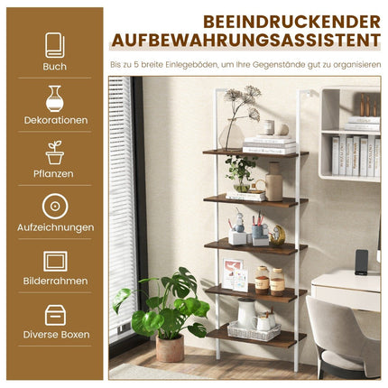 5 Tier Ladder Shelf Wall Mounted 180cm Bookcase with Metal Frame Brown