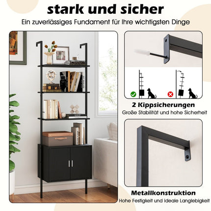 5-Tier Ladder Shelf with Cabinet, Black Metal Frame, 60x35x184 cm
