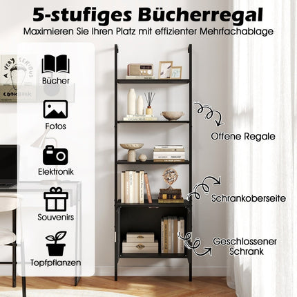 5-Tier Ladder Shelf with Cabinet, Black Metal Frame, 60x35x184 cm