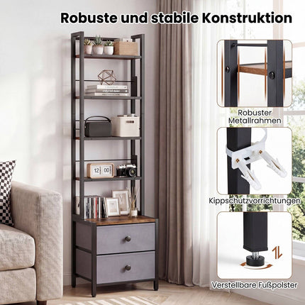 5-Tier Media Storage Rack with Drawers & Book Stoppers