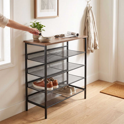 5-Tier Metal & MDF Shoe Rack, Brown, 81x75x30 cm