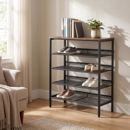 5-Tier Metal & MDF Shoe Rack, Brown, 81x75x30 cm