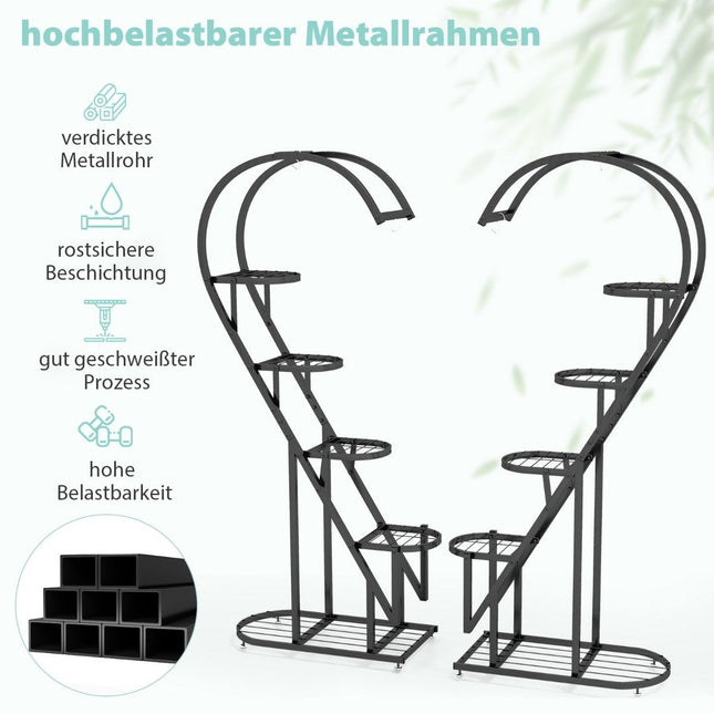 5-Tier Metal Plant Stand Heart-Shaped Flower Shelf with Hooks 71 x 30.5 x 148 cm Black
