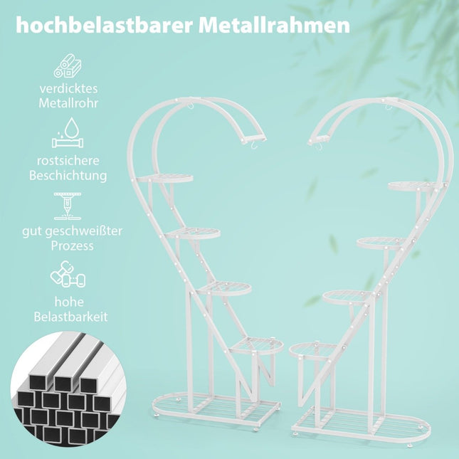 5-Tier Metal Plant Stand Heart-Shaped Flower Shelf with Hooks 71 x 30.5 x 148 cm White