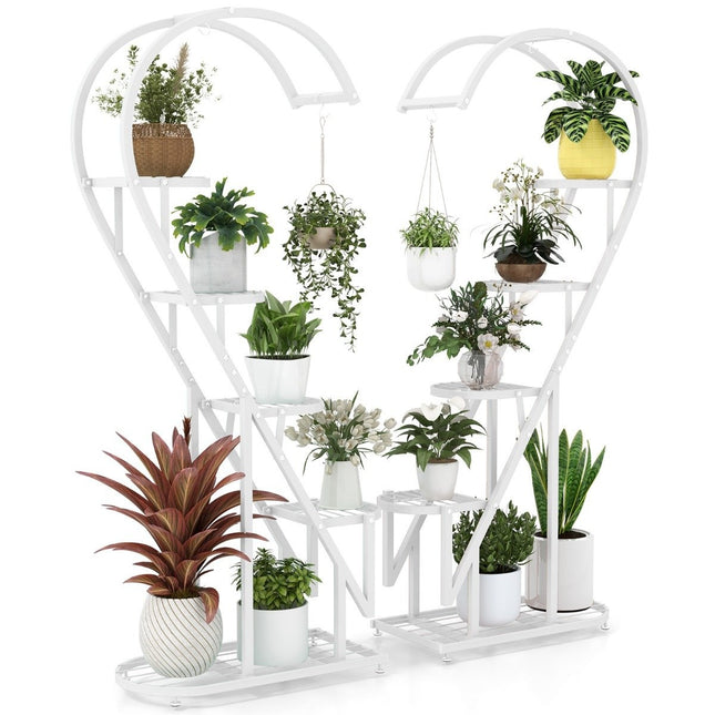 5-Tier Metal Plant Stand Heart-Shaped Flower Shelf with Hooks 71 x 30.5 x 148 cm White
