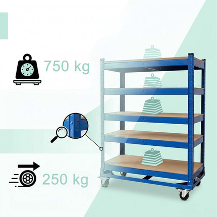 5-Tier Mobile Shelving Trolley, Locking Castors