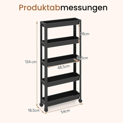 5-Tier Narrow Rolling Cart with Handles, Black, 18.5 cm Wide