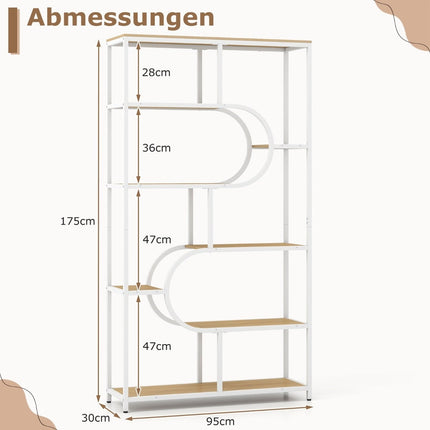 5-Tier Open Bookshelf, Natural & White, Metal Frame