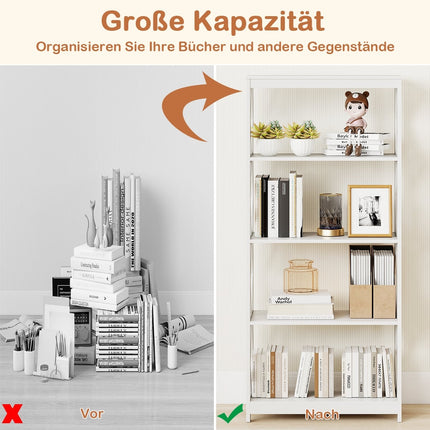 5-Tier Open Bookshelf, White MDF, Rhombus Design