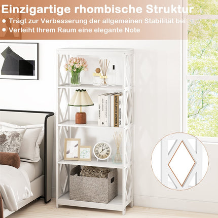5-Tier Open Bookshelf, White MDF, Rhombus Design