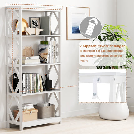 5-Tier Open Bookshelf, White MDF, Rhombus Design
