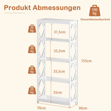 5-Tier Open Bookshelf, White MDF, Rhombus Design