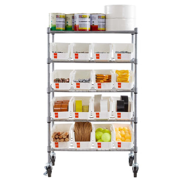 5-Tier Rolling Bin Storage Rack, 16 Bins, Steel with Wheels