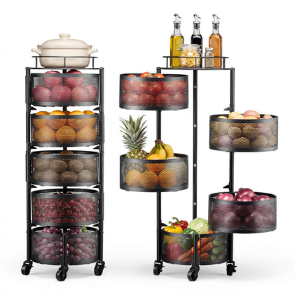 5-Tier Rotating Wire Basket Cart on Wheels, Black
