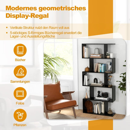 5-Tier S-Shaped Bookshelf with Anti-Tip, Black