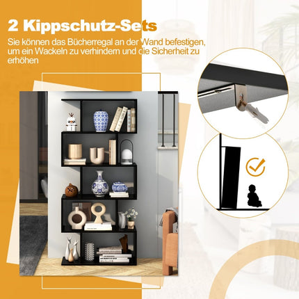 5-Tier S-Shaped Bookshelf with Anti-Tip, Black