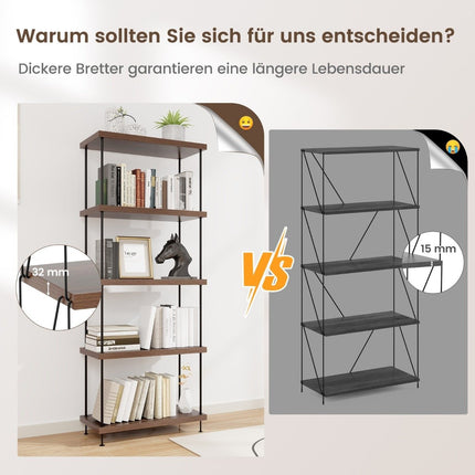 5 Tier Standing Shelf with Metal Frame Industrial Bookcase Storage Rack 60 x 29.5 x 147 cm