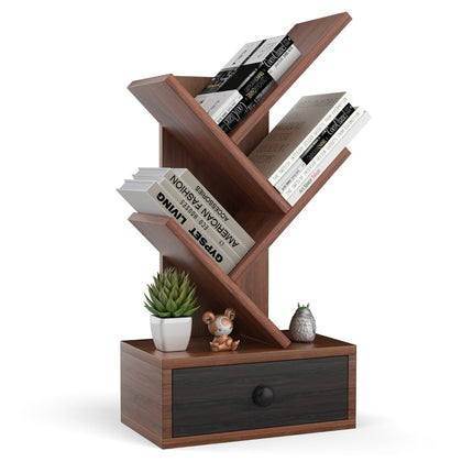 5-Tier Tree Bookshelf with Drawer – Brown, Space-Saving