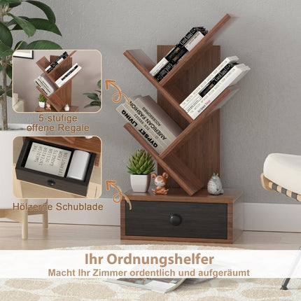 5-Tier Tree Bookshelf with Drawer – Brown, Space-Saving