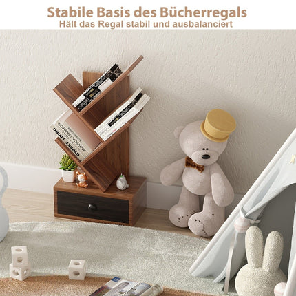 5-Tier Tree Bookshelf with Drawer – Brown, Space-Saving